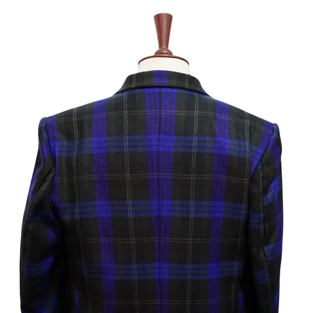 Mens Wool Sport Coat 44R Black Royal Blue Plaid Blazer 2 Button Wedding Formal